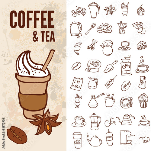 Set of coffee and tea design elements in sepia color style