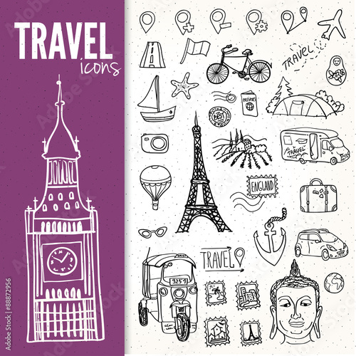 hand-drawn travel symbols set