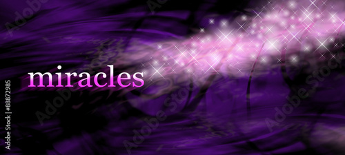 Miracles background - white purple swirling lines background with the word MIRACLES on left side and glittering sparkles merging with the word 