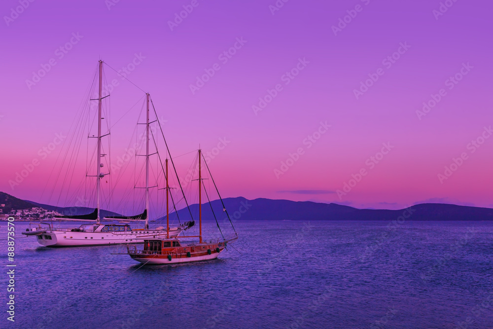 Fototapeta premium Pink sunset at sea and two ships stand 