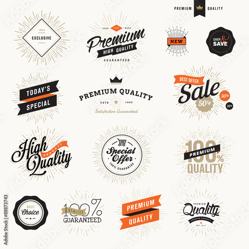 Set of vintage premium quality labels and badges for promotional materials and web design.