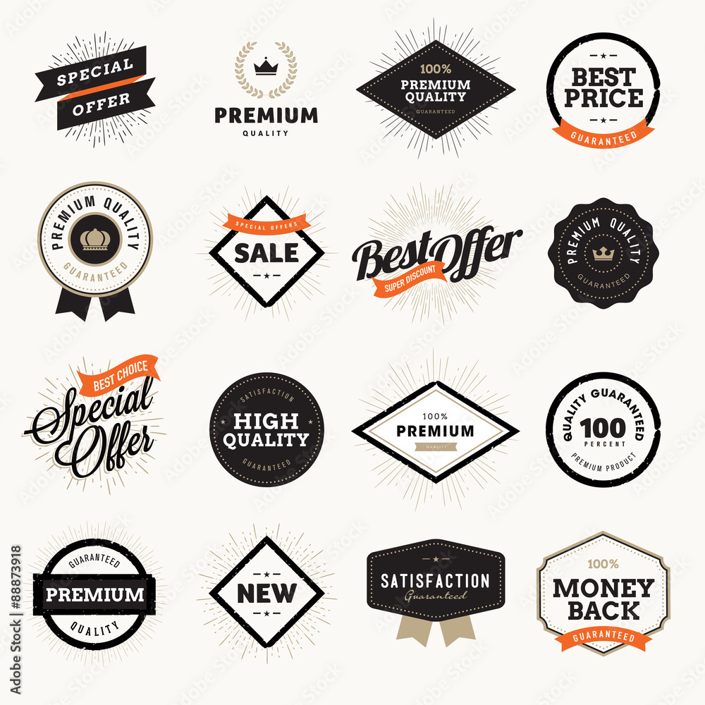 Set of vintage style premium quality badges and labels for designers.  Vector illustrations for e-commerce, product promotion, advertising, sell  products, discounts, sale, the mark of quality. Stock Vector | Adobe Stock