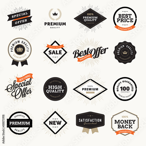 Set of vintage style premium quality badges and labels for designers. Vector illustrations for e-commerce, product promotion, advertising, sell products, discounts, sale, the mark of quality.