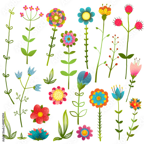 Fototapeta Naklejka Na Ścianę i Meble -  Colorful Cartoon Wild Flowers Isolated Collection 