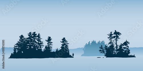 Wallpaper Mural Silhouette illustration of a islands on a northern lake with pine trees,