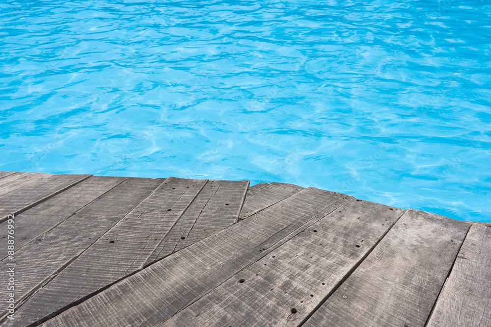 .Swimming pool and wooden deck for backgrounds