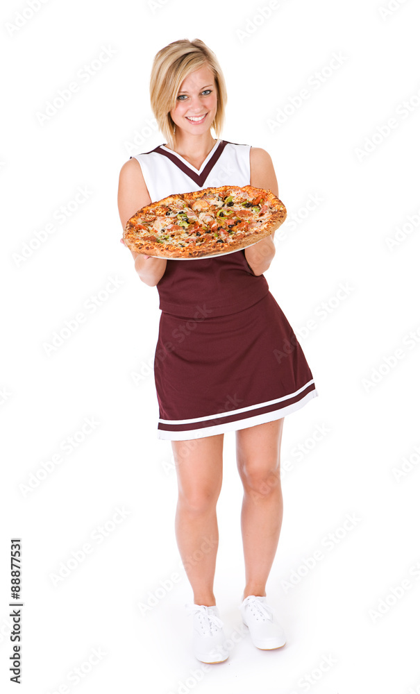 Cheerleader: Woman Holding Whole Supreme Pizza Cheerleader: Woman Holding Whole Supreme Pizza