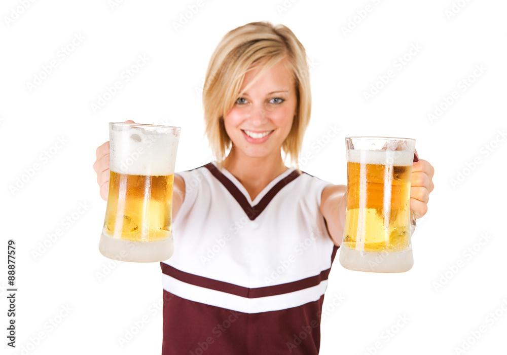 Cheerleader: Woman Holding Out Two Glass Mugs Of Beer Cheerleader: Woman Holding Out Two Glass Mugs Of Beer