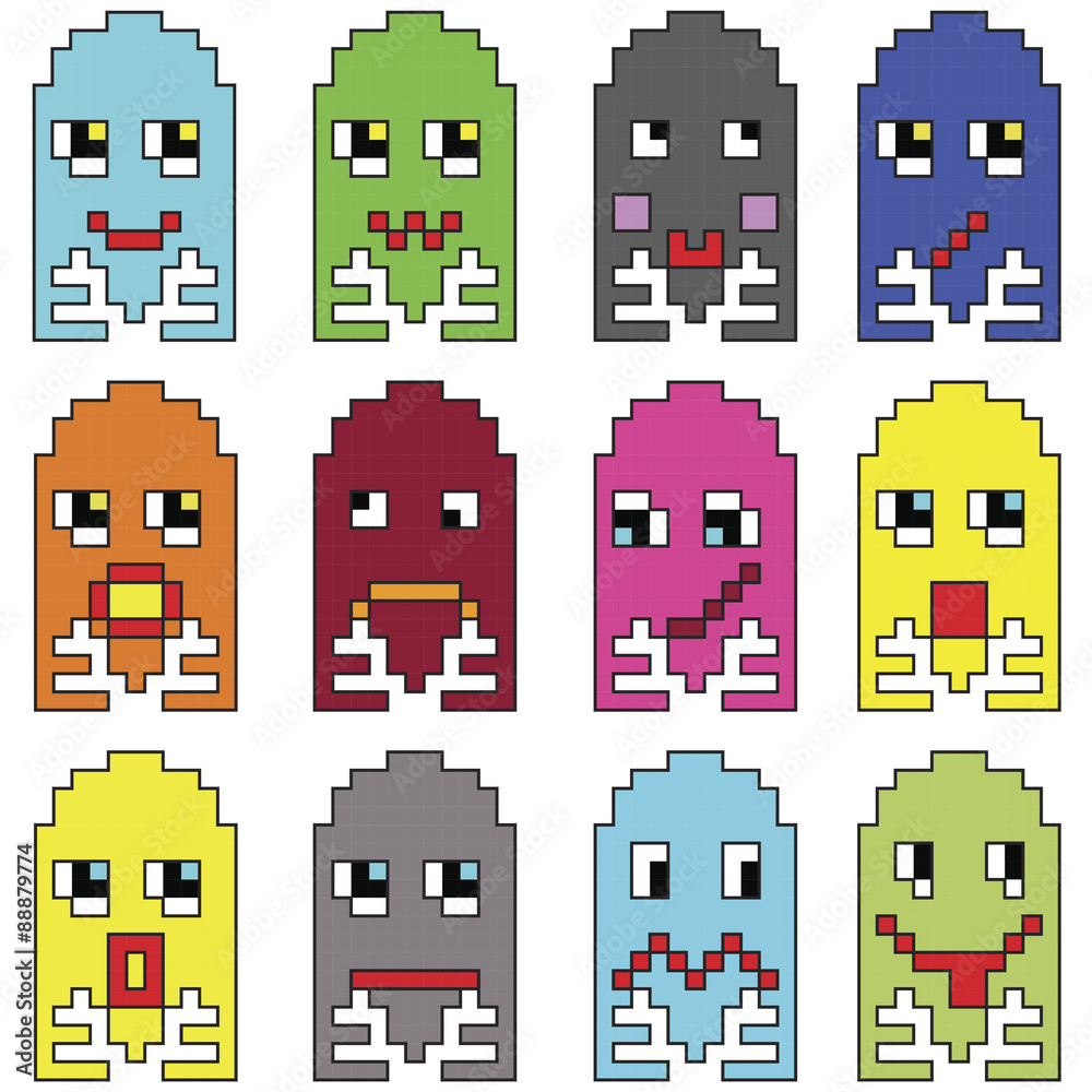 Pixelated  emoticons 2 inspired  by 90's vintage video computer  games showing vary emotions with stroke 
