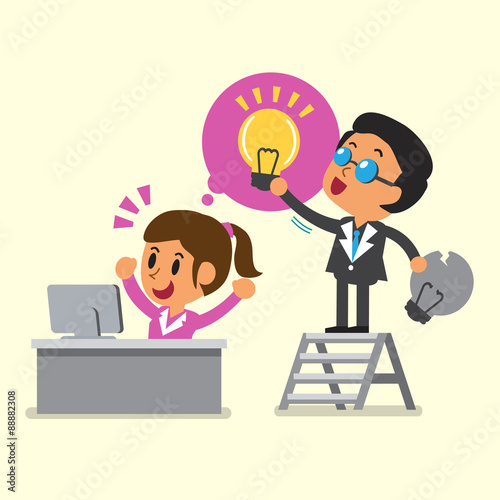 Cartoon business boss giving idea to his employee for design.