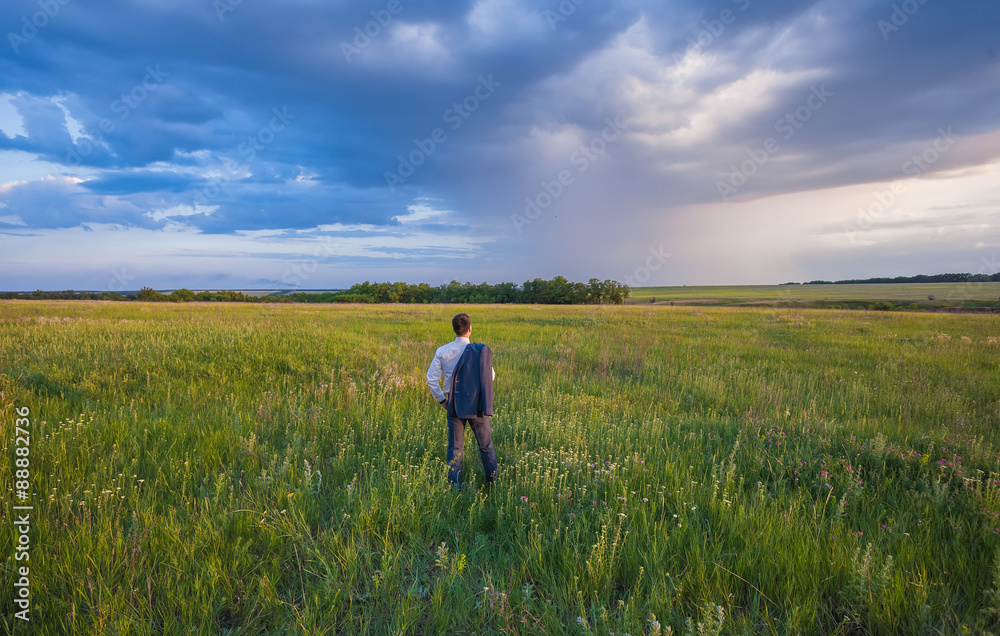 Portrait of businessman on a green meadow