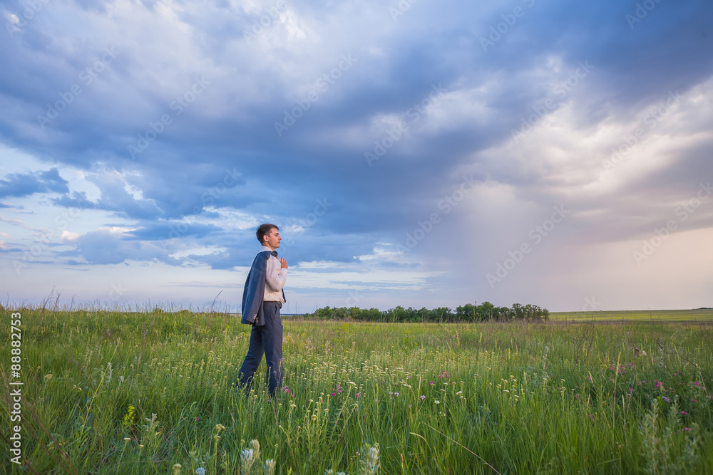 Portrait of businessman on a green meadow