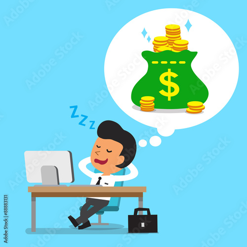 Cartoon businessman falling asleep and dreaming about money for design.