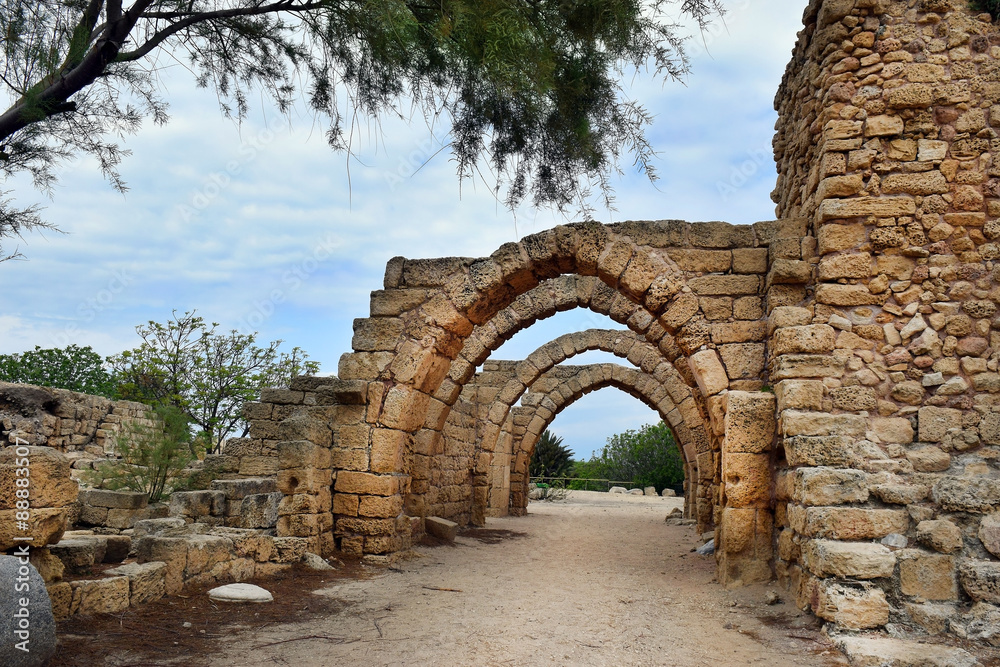 remains of the archs over the main streets of the ancient city of Caesarea, built by the Crusaders during the Crusades, Israel