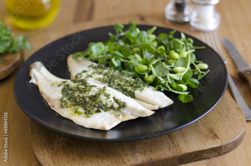Sea bass fillets with a rocket pesto butter
