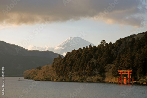 View of Mt. Fuji from the vicinity of a shrine on lake Hakone, Japan photo