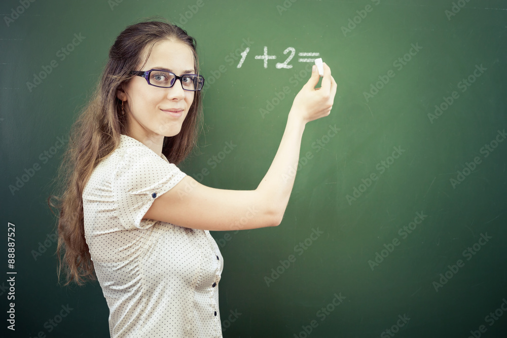 Teacher or student wrote on blackboard with chalk at classroom Teacher or student wrote on blackboard with chalk at classroom