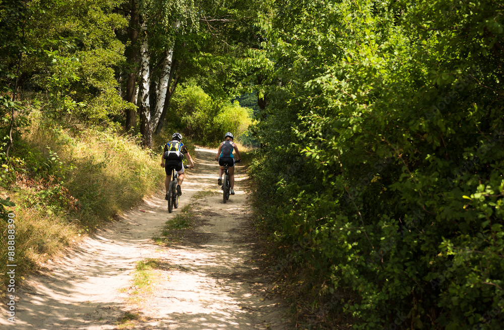 couple cycling with helmets in the hot summer on the green forest trai couple cycling with helmets in the hot summer on the green forest trai