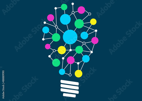 Vector illustration of light bulb with network of different objects or ideas. Concept of ideation or creativity. 