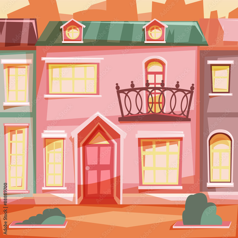 City houses facades sunset. Vector illustration.