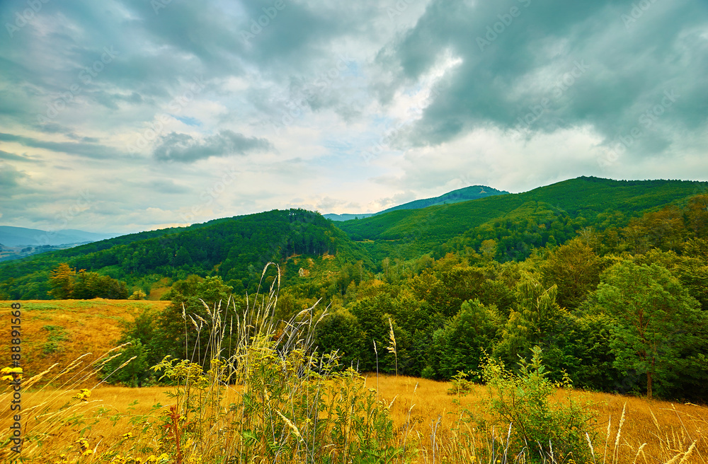 Mountain Landscape with Dramatic Sky in Mehedinti, Romania