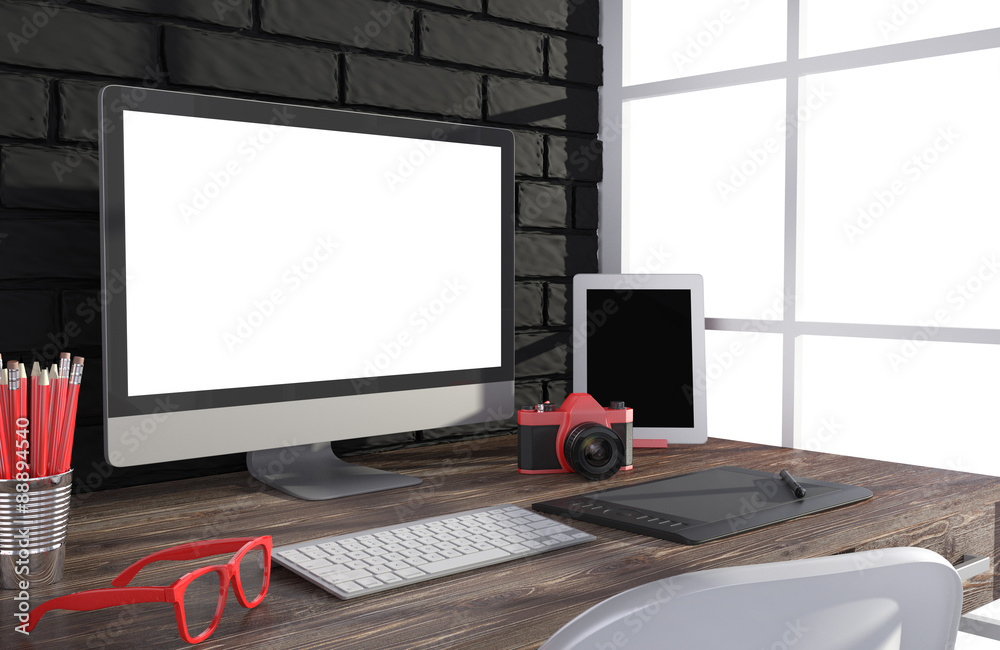 Fototapeta premium 3D illustration PC screen on table in office, Workspace