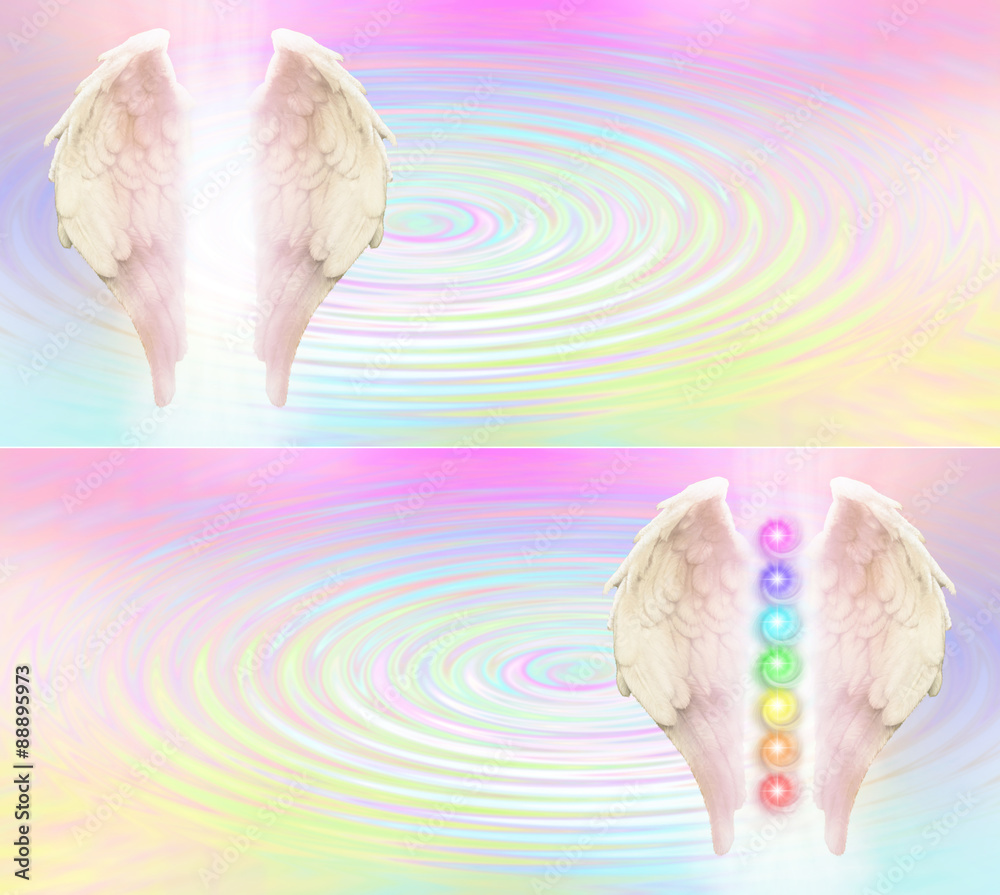 Reiki Angel Wings and Seven Chakras website header -  Angel wings and seven chakras on pastel rainbow colored rippling water pool background with light between wings and plenty of copy space - obrazy, fototapety, plakaty 