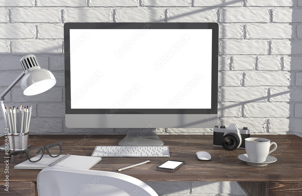 3D illustration PC screen on table in office, Workspace 3D illustration PC screen on table in office, Workspace