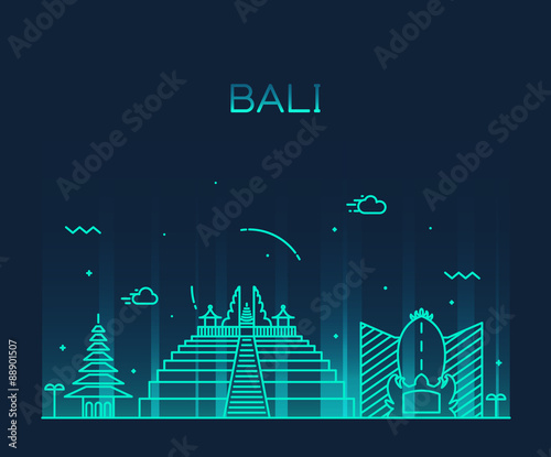 Bali skyline trendy vector illustration linear