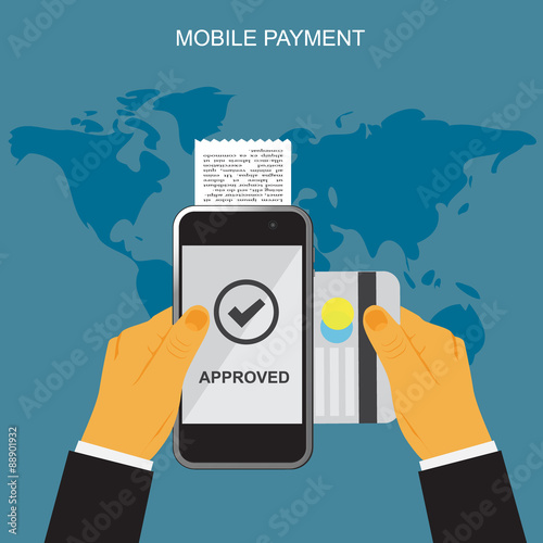 Mobile payment, hands holding smartphone and credit card, online banking, vector illustration in flat design for web sites, Infographic design