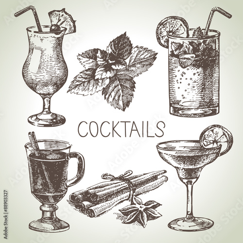 Hand drawn sketch set of alcoholic cocktails