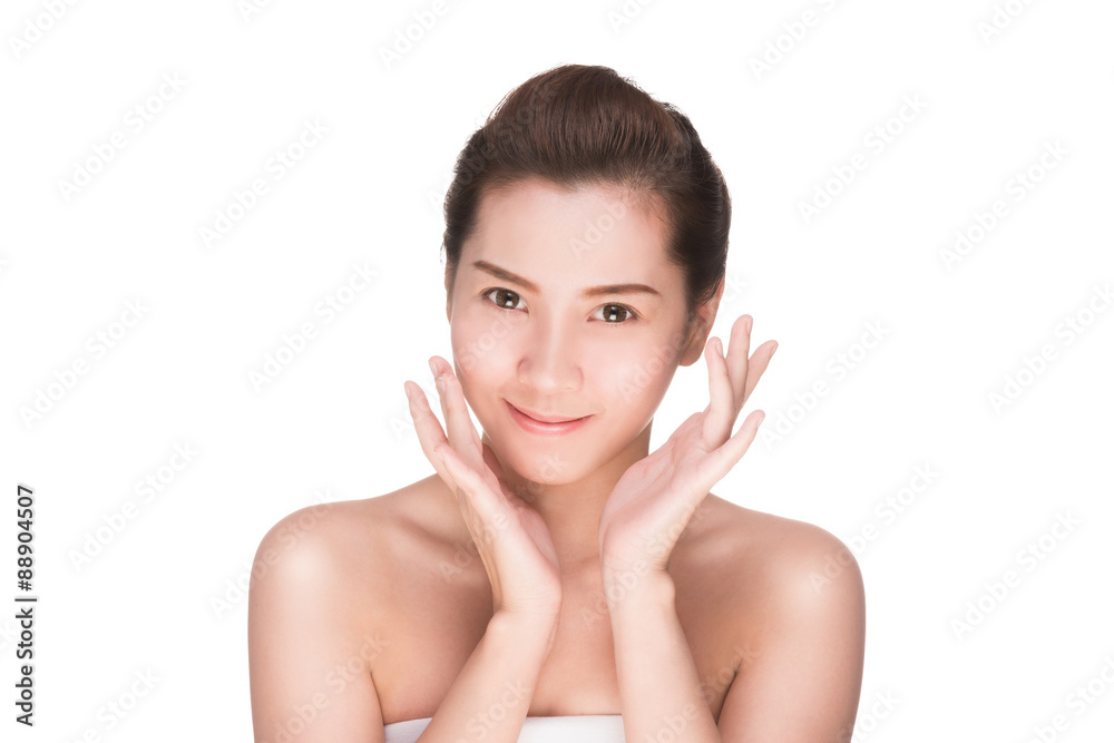 Beautiful woman cares for the skin face, Attractive asian woman Touching her Face, Perfect Fresh Skin, Pure Beauty Model. Youth and Skin Care Concept, , isolated on white with clipping path. Beautiful woman cares for the skin face, Attractive asian woman Touching her Face, Perfect Fresh Skin, Pure Beauty Model. Youth and Skin Care Concept, , isolated on white with clipping path.