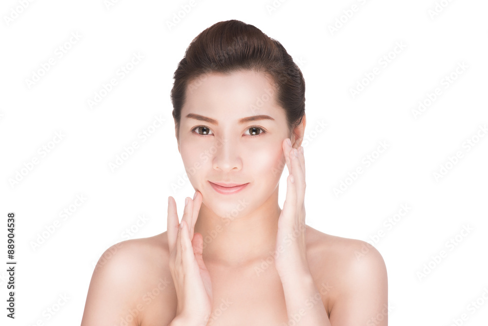 Beautiful woman cares for the skin face, Attractive asian woman Touching her Face, Perfect Fresh Skin, Pure Beauty Model. Youth and Skin Care Concept, , isolated on white with clipping path. Beautiful woman cares for the skin face, Attractive asian woman Touching her Face, Perfect Fresh Skin, Pure Beauty Model. Youth and Skin Care Concept, , isolated on white with clipping path.