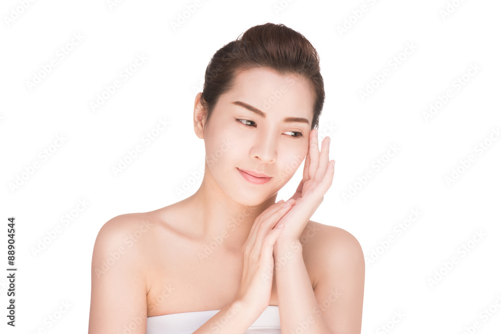Beautiful woman cares for the skin face, Attractive asian woman Touching her Face, Perfect Fresh Skin, Pure Beauty Model. Youth and Skin Care Concept, , isolated on white with clipping path. Beautiful woman cares for the skin face, Attractive asian woman Touching her Face, Perfect Fresh Skin, Pure Beauty Model. Youth and Skin Care Concept, , isolated on white with clipping path.