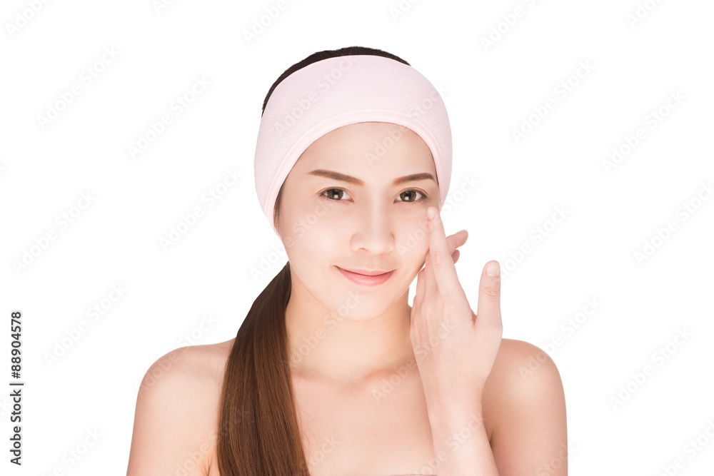 Beautiful woman cares for the skin face, Attractive asian woman Touching her Face, Perfect Fresh Skin, Pure Beauty Model. Youth and Skin Care Concept, , isolated on white with clipping path. Beautiful woman cares for the skin face, Attractive asian woman Touching her Face, Perfect Fresh Skin, Pure Beauty Model. Youth and Skin Care Concept, , isolated on white with clipping path.