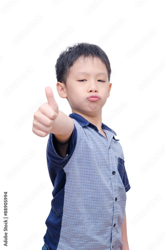 Angry Asian boy showing thumb up over white