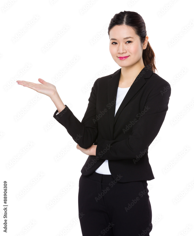 Asian Young businesswoman with open hand palm Asian Young businesswoman with open hand palm