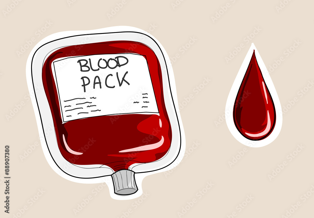 Blood Pack A Hand Drawn Vector Illustration Of A Blood Pack And A Drip Of Blood