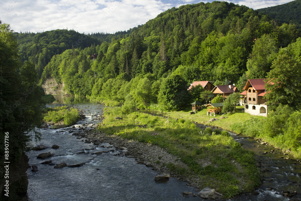 Dawn on a mountain river in summer Dawn on a mountain river in summer