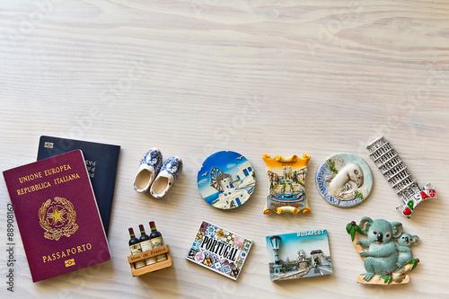 Photography various passports and souvenir magnets from several world country