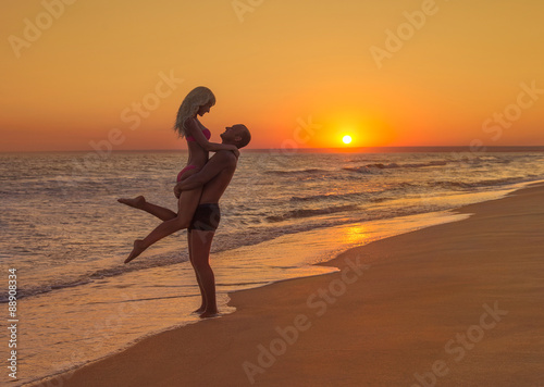 Loving couple hugging at romantic sunset beach, summertime 