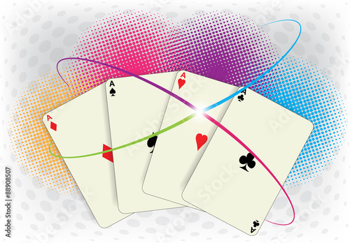 Poker cards with abstract colorful halftone effect background with waves