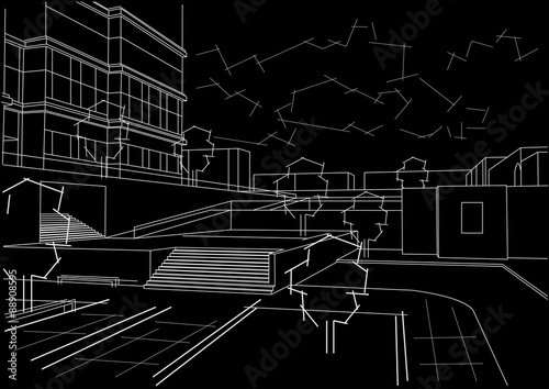 Linear architectural sketch residential quarter on black background
