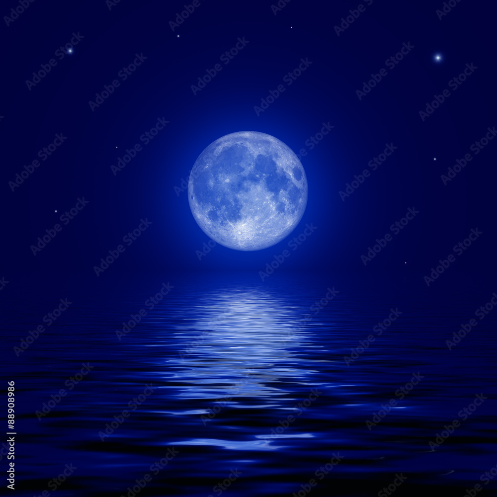 Full moon and stars reflected in the water surface