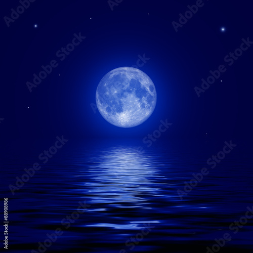 Full moon and stars reflected in the water surface © korionov