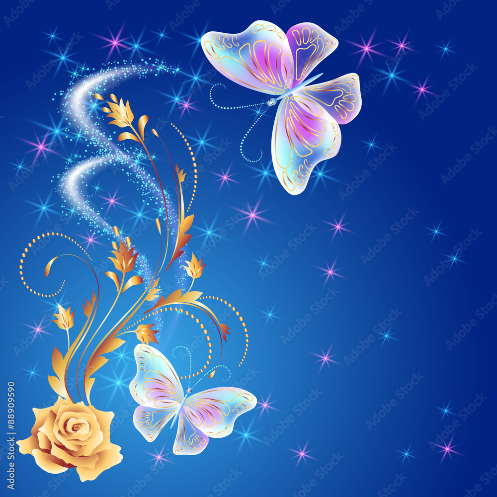 Fototapeta premium Transparent butterflies with golden ornament and glowing firewor