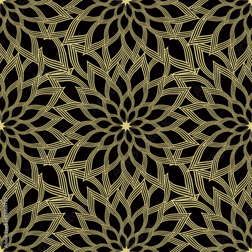 Monochrome vector seamless background. Abstract chrysanthemum design.