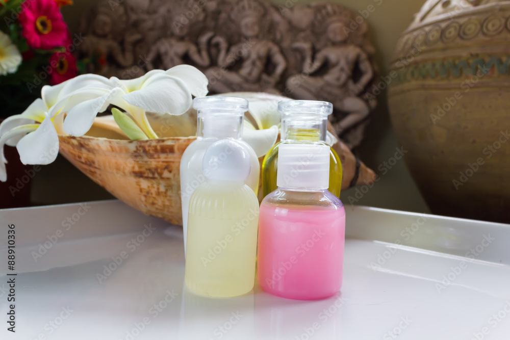 mini set of body bath and shower care on boutique mood background