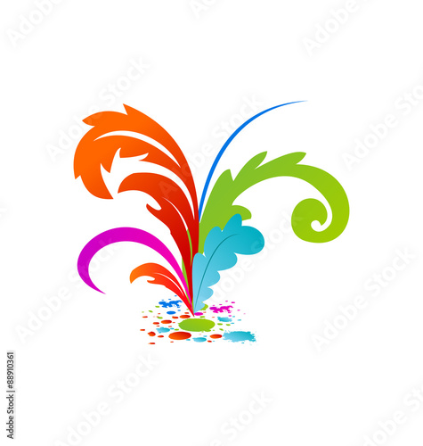 Group colouful artistic feathers with ink