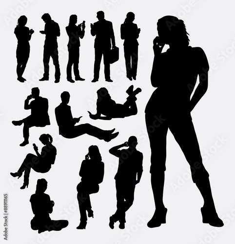 Male and female people with mobile phone silhouettes